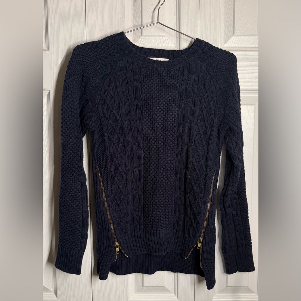 Elegant Navy Cable Knit Sweater with Gold Accents